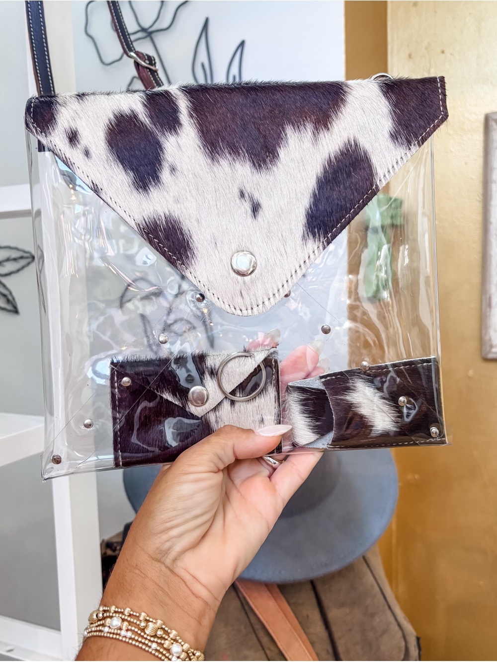 Clear Stadium Crossbody with Black & White Cowhide Trim